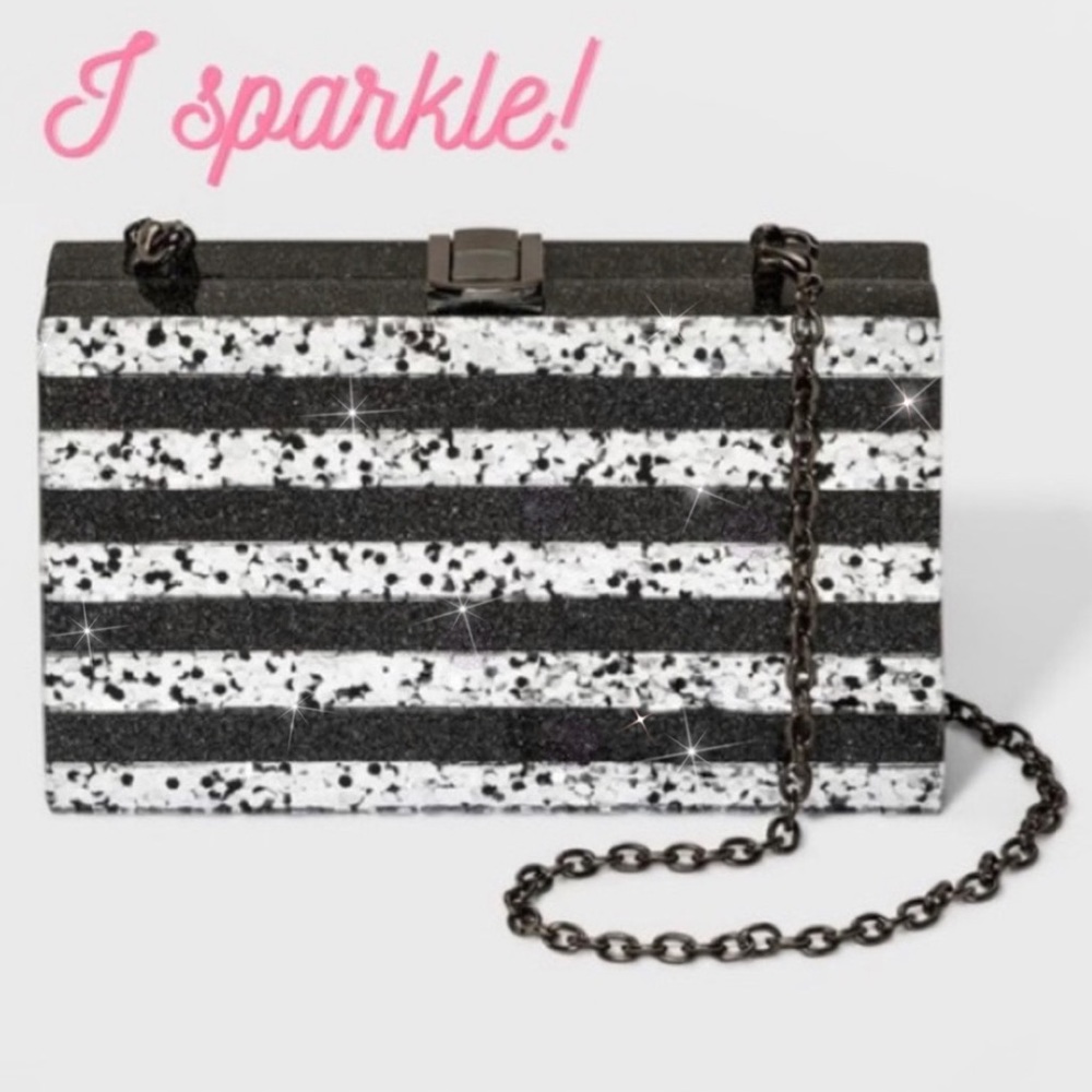 Black & Silver Acrylic Box Purse Lucite Glitter Minaudière Striped Clutch